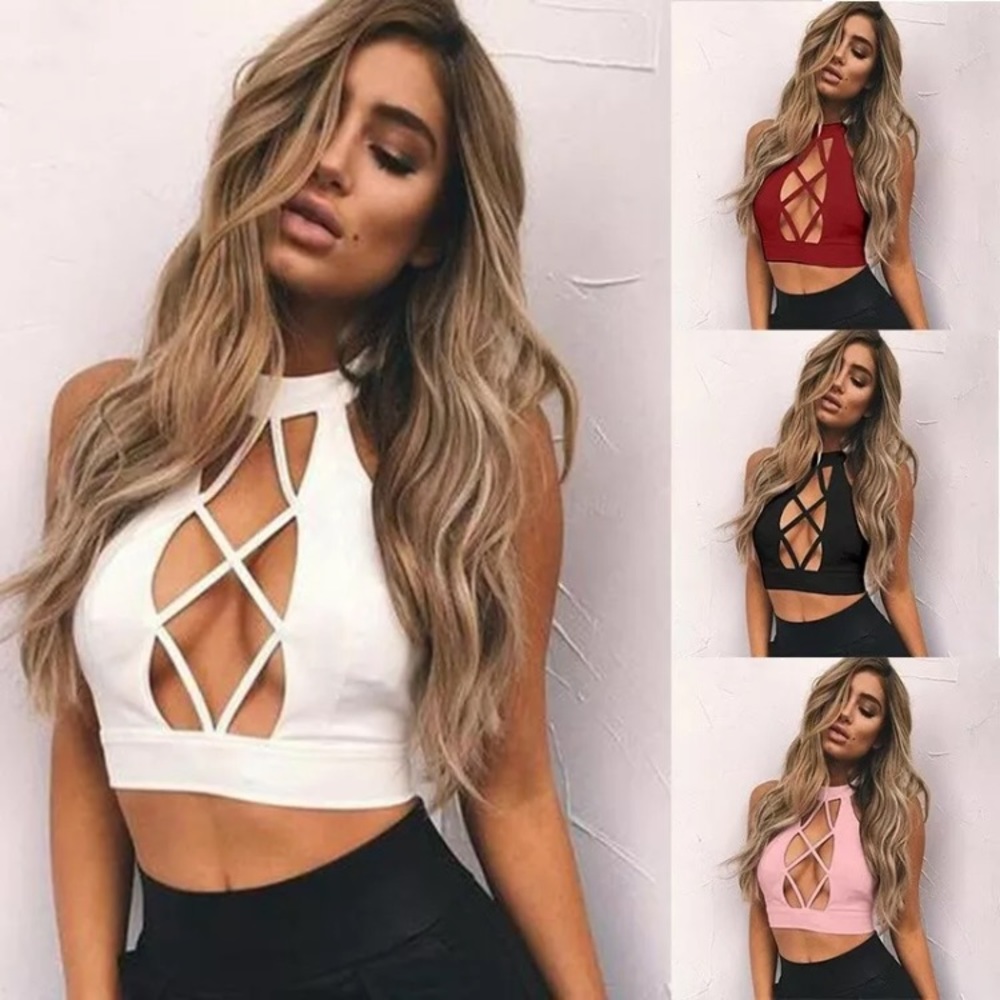 Black sexy strappy criss cross crop top XL - Picture 2 of 5